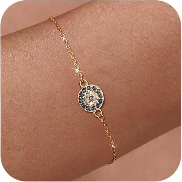 Gold Evil Eye Bracelet 925 Sterling Silver Blue CZ Link Chain NWT - Picture 1 of 5